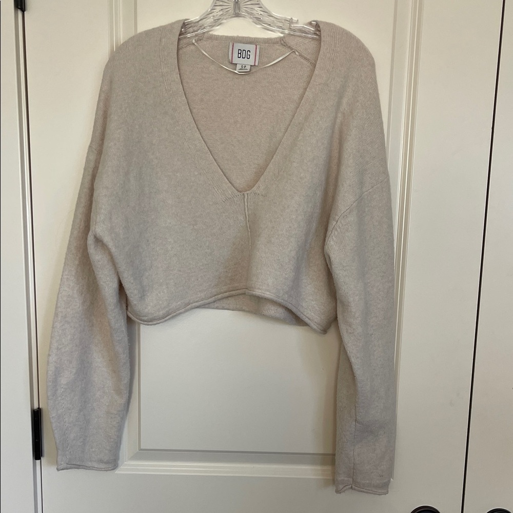 BDG Soft Beige V-Neck Cropped Sweater